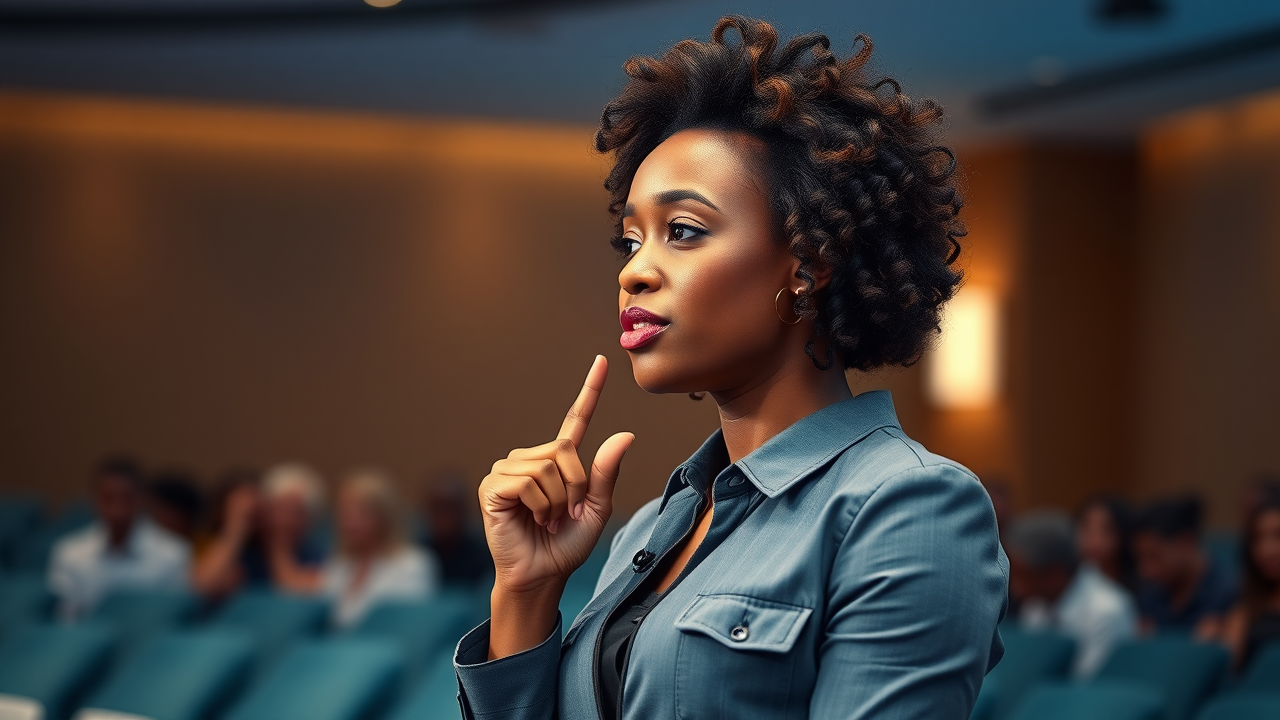 Entrepreneur sharing insights on personal branding on LinkedIn at a conference