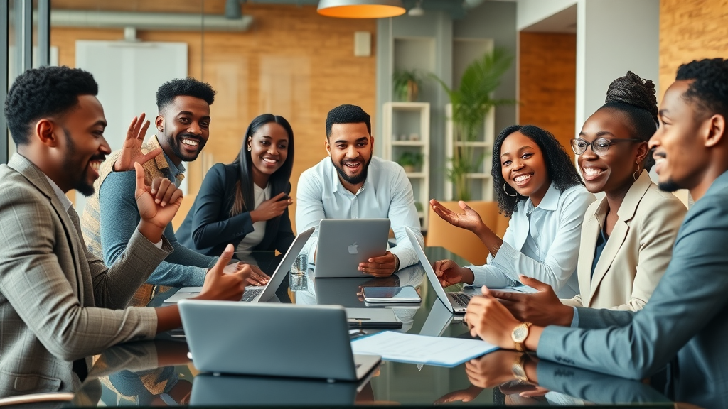 Diverse African business professionals strategizing with digital devices in a modern conference room