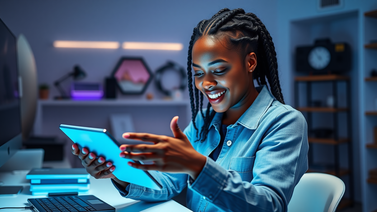 Young digital marketer enthusiastically creating engaging social media content on tablet in a modern workspace with tech gadgets