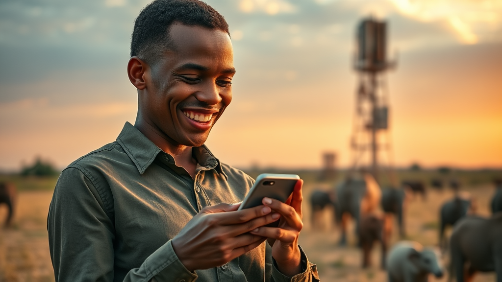 Resilient African marketing professional accessing emails on mobile in rural area, showing internet connectivity challenges in email marketing