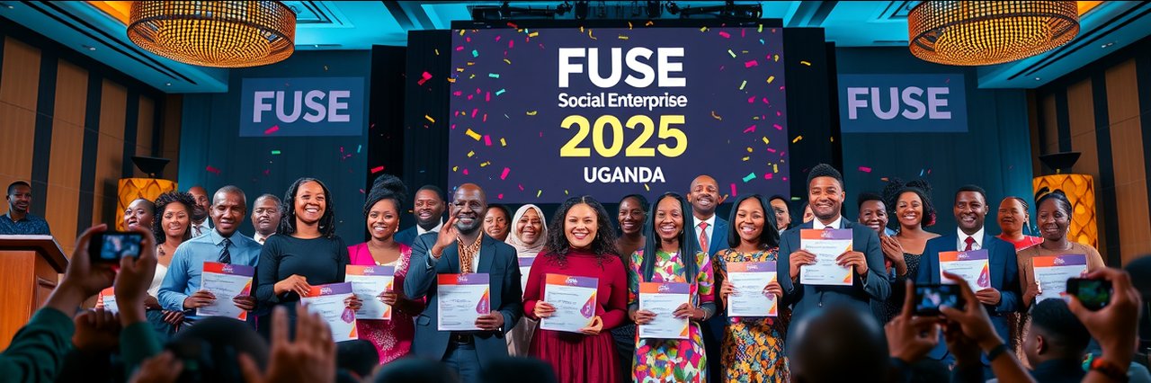 Winners at fuse social enterprise 2025 awards Uganda celebrating on stage.