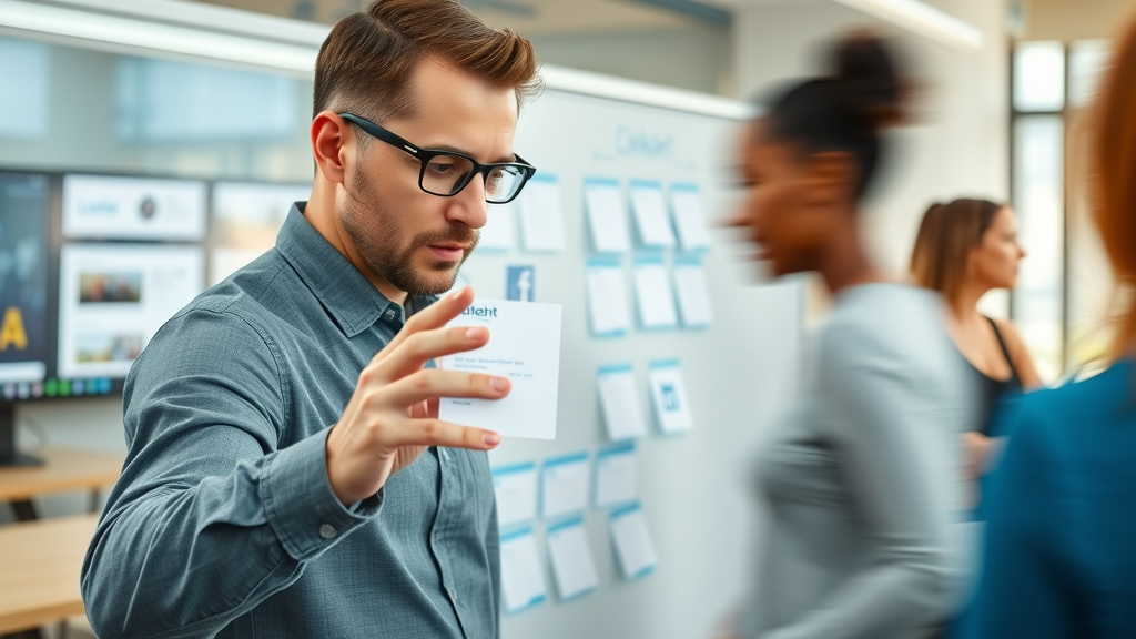 Marketer creatively planning LinkedIn content strategy based on the 4-1-1 rule