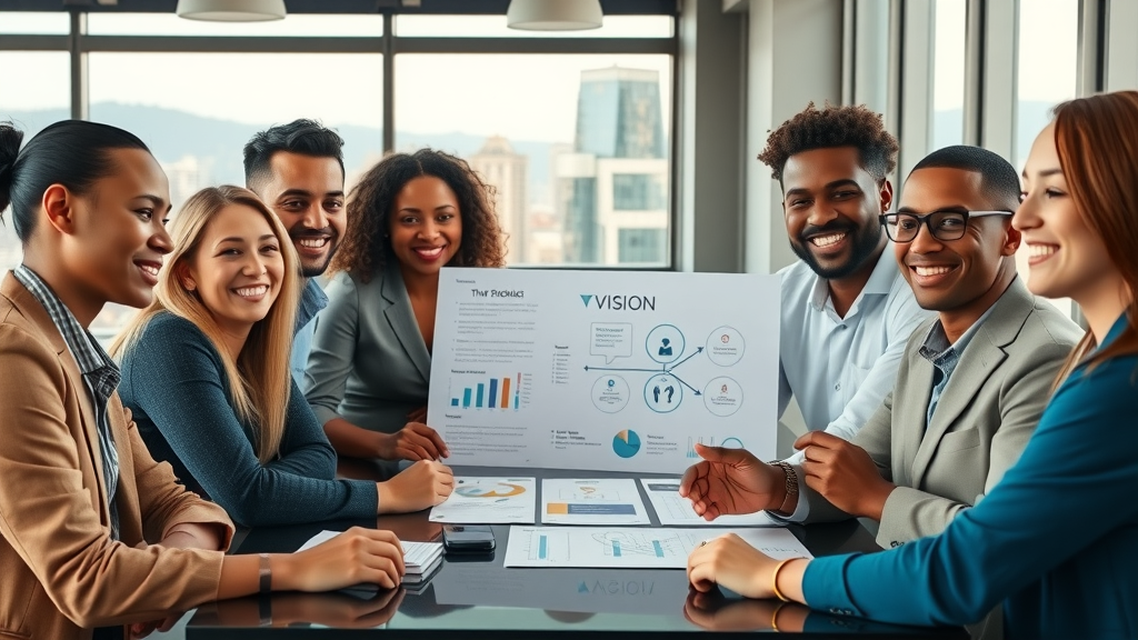 Inspirational group of multicultural entrepreneurs confidently collaborating around a vision board in a modern loft