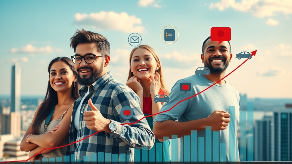 Dynamic infographic showing upward trending chart with icons representing various side hustles such as online business, freelance, and delivery gig, featuring youthful diverse figures with optimistic expressions in a modern city skyline backdrop