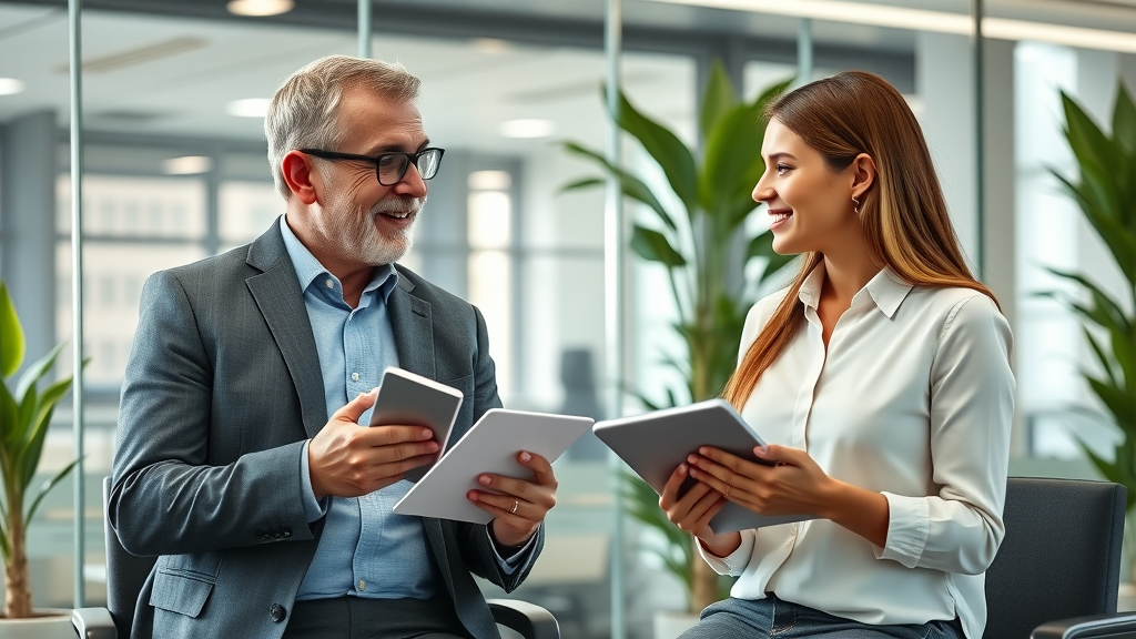business mentorship benefits illustrated by friendly mentor and mentee engaging in active conversation in office