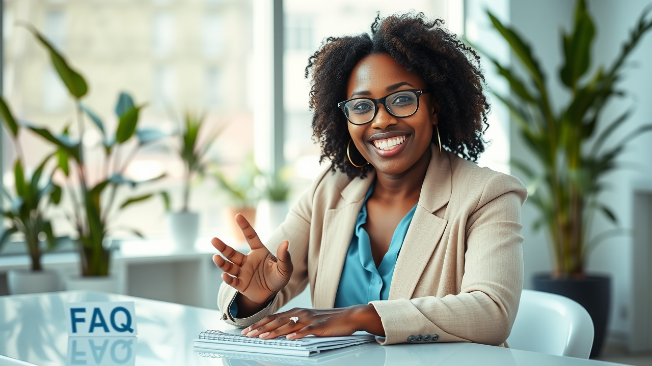 Friendly financial advisor answering frequently asked questions at desk with notepad labeled FAQs in a bright modern office