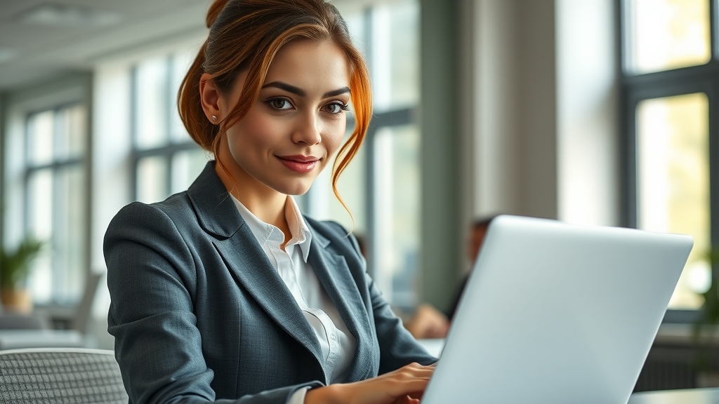 Professional woman crafting her personal branding on LinkedIn with a vibrant and confident statement
