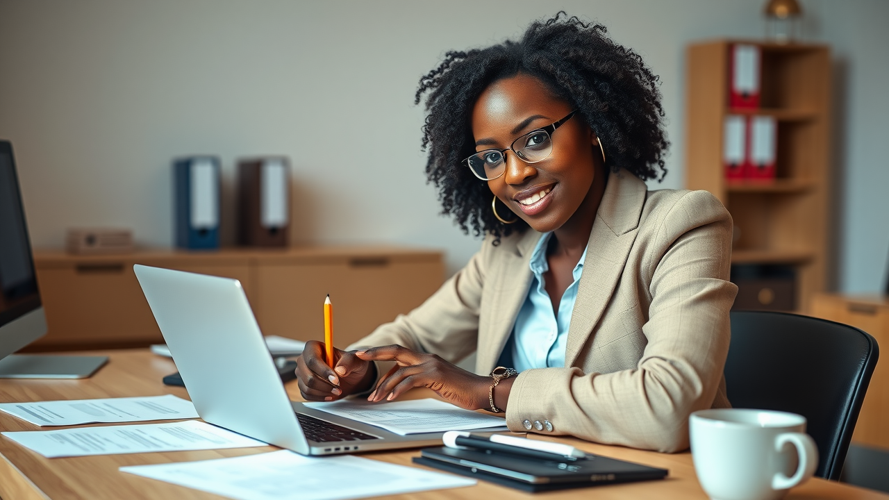 Professional woman confidently writing a business plan on laptop at office desk with documents and coffee cup