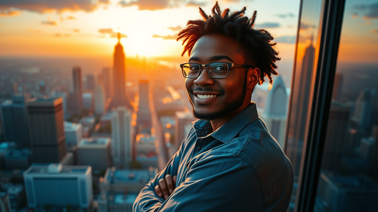 Aspirational solo entrepreneur proudly overlooking cityscape from high-rise balcony at sunrise, symbolizing opportunity and success in starting a side hustle