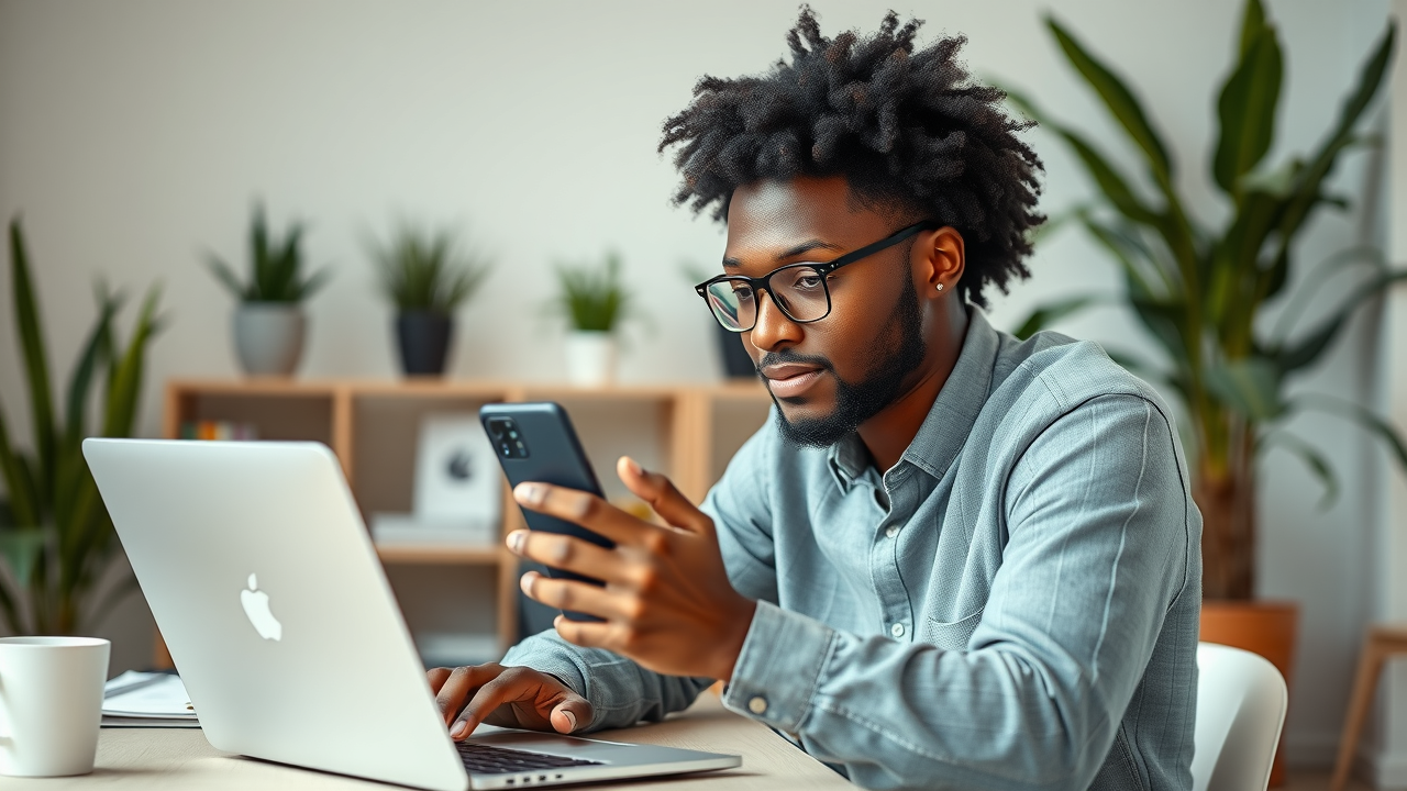 Motivated young entrepreneur working focusedly on laptop and smartphone in a modern home office with natural light and plants