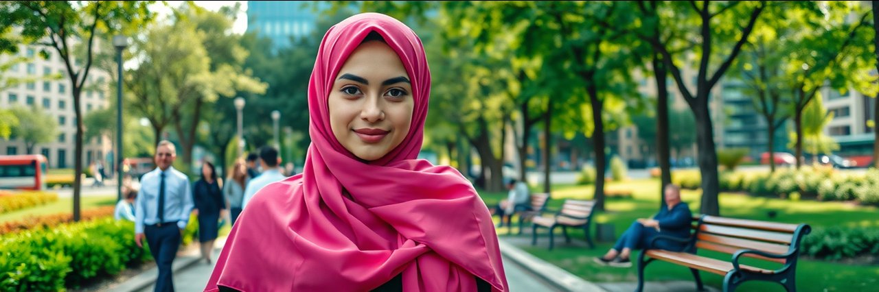 Young woman in pink hijab walking in city park for pink hijab initiatives awareness.