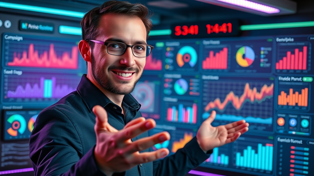 Analytical African marketer presenting a futuristic digital campaign dashboard for email marketing