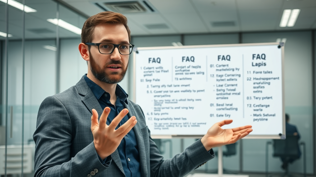Professional content marketing expert presenting FAQs on content creation for entrepreneurs