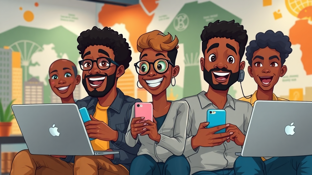 Lively African tech entrepreneurs using laptops and smartphones in coworking space surrounded by digital marketing symbols