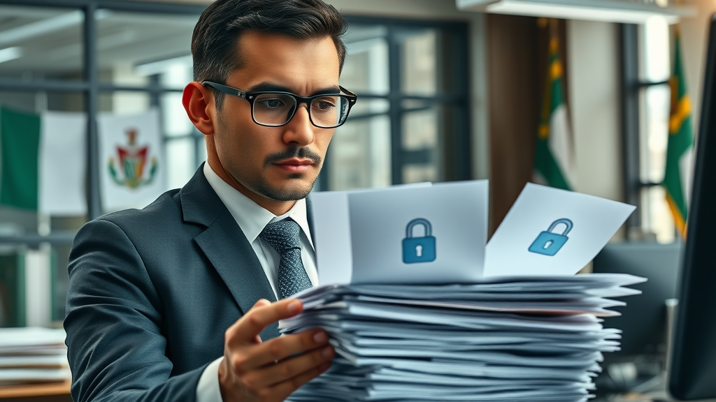 Diligent African compliance officer inspecting email documents for security and regulatory compliance