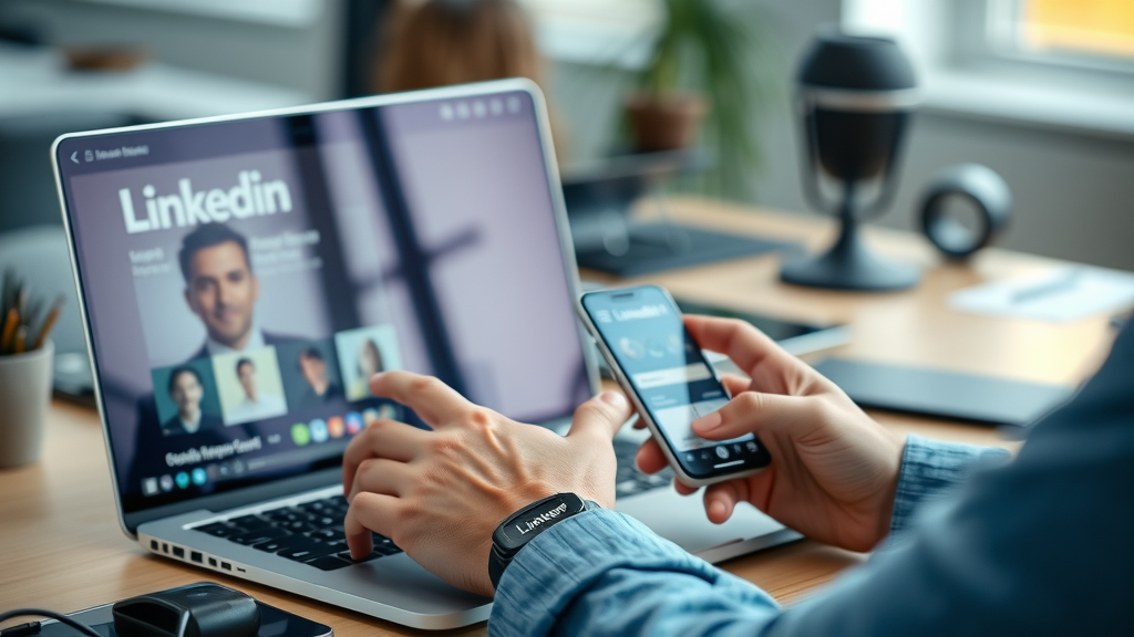 LinkedIn for small business growth - professional LinkedIn interface on laptop and smartphone showing features