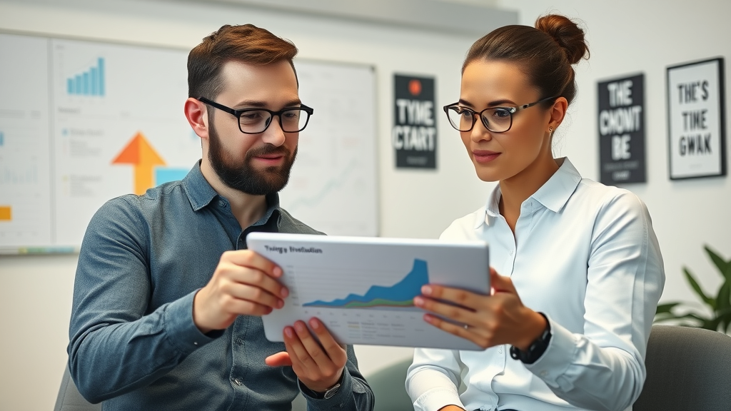 business mentorship benefits shown by entrepreneur learning from mentor reviewing growth charts